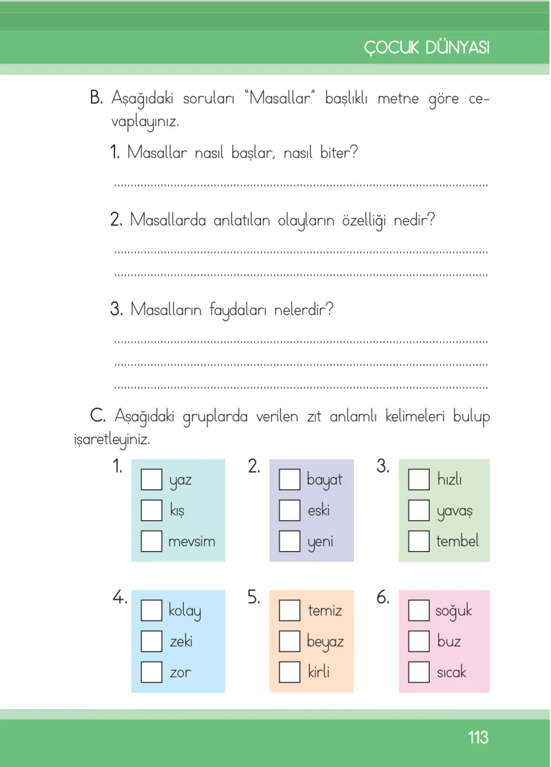 1. Sınıf Türkçe Ders Kitabı Cevapları İlke Yayınları Sayfa 113