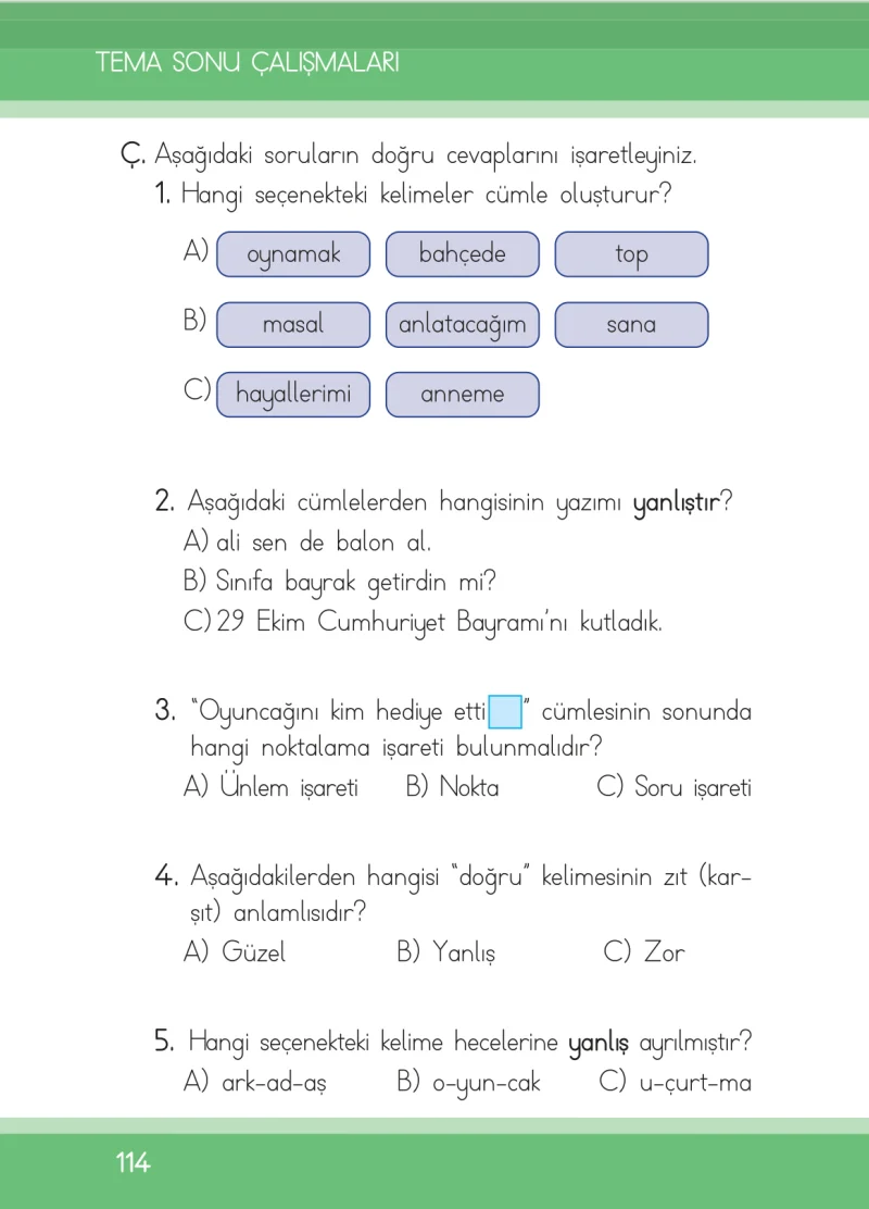 1. Sınıf Türkçe Ders Kitabı Cevapları İlke Yayınları Sayfa 114