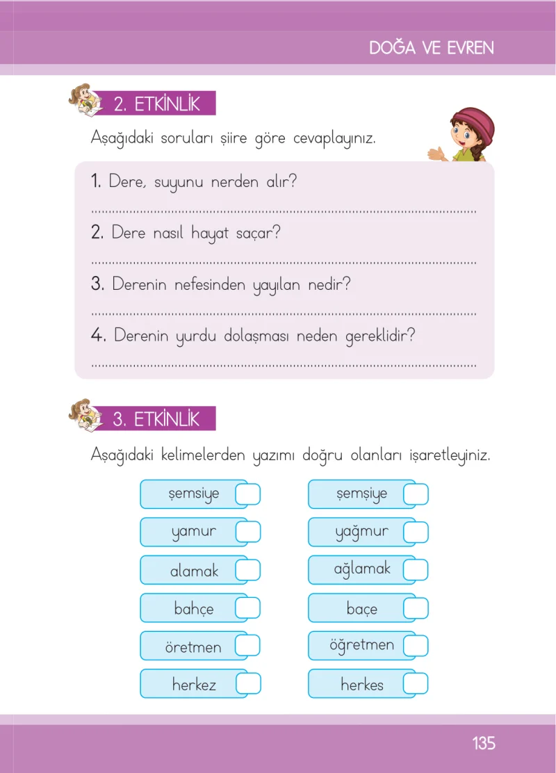 1. Sınıf Türkçe Ders Kitabı Cevapları İlke Yayınları Sayfa 135