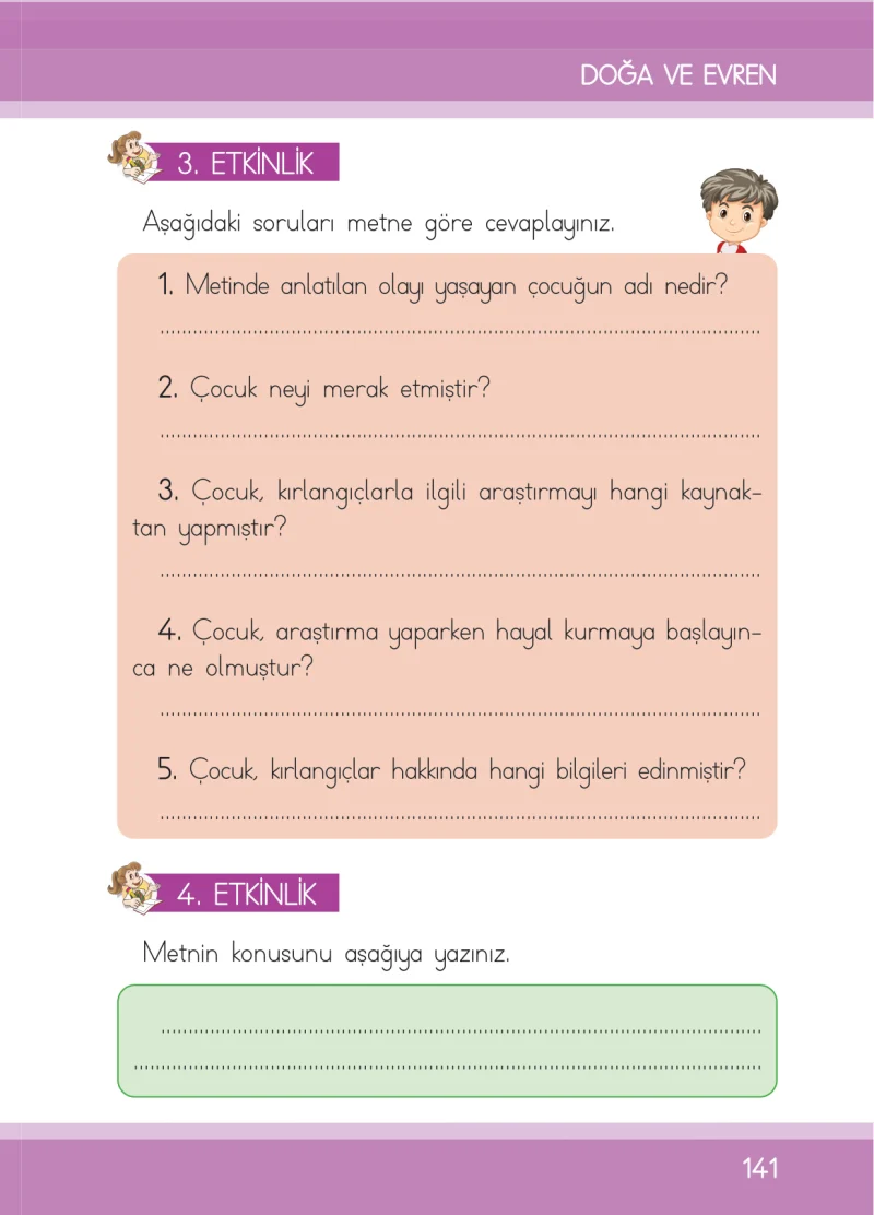 1. Sınıf Türkçe Ders Kitabı Cevapları İlke Yayınları Sayfa 141