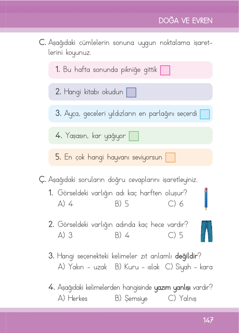 1. Sınıf Türkçe Ders Kitabı Cevapları İlke Yayınları Sayfa 147