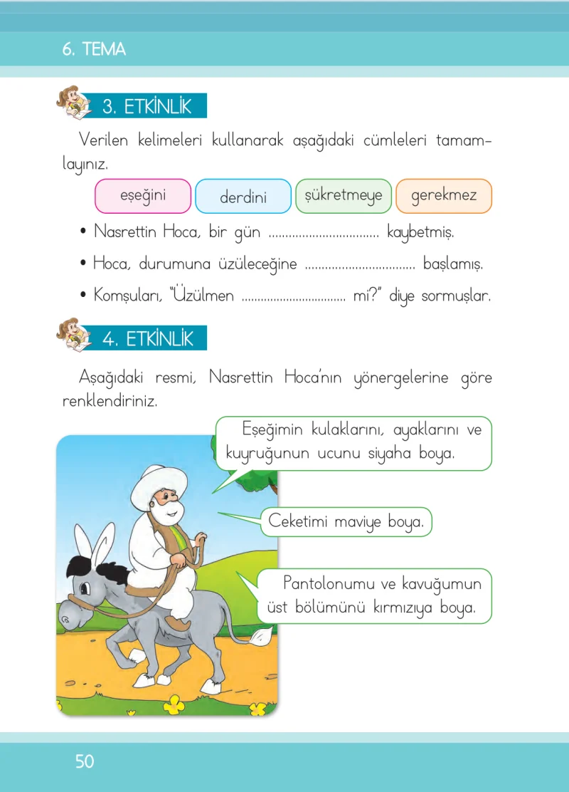 1. Sınıf Türkçe Ders Kitabı Cevapları İlke Yayınları Sayfa 50