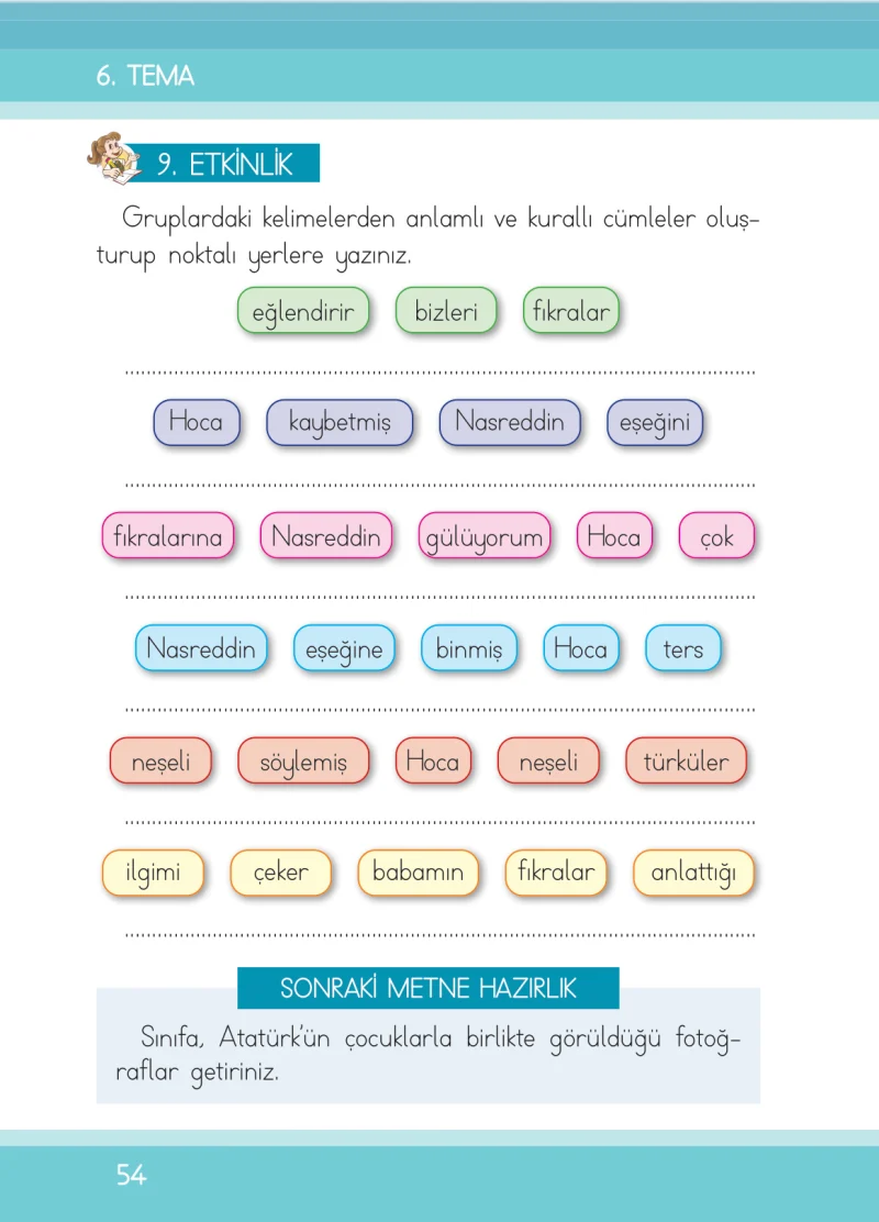 1. Sınıf Türkçe Ders Kitabı Cevapları İlke Yayınları Sayfa 54