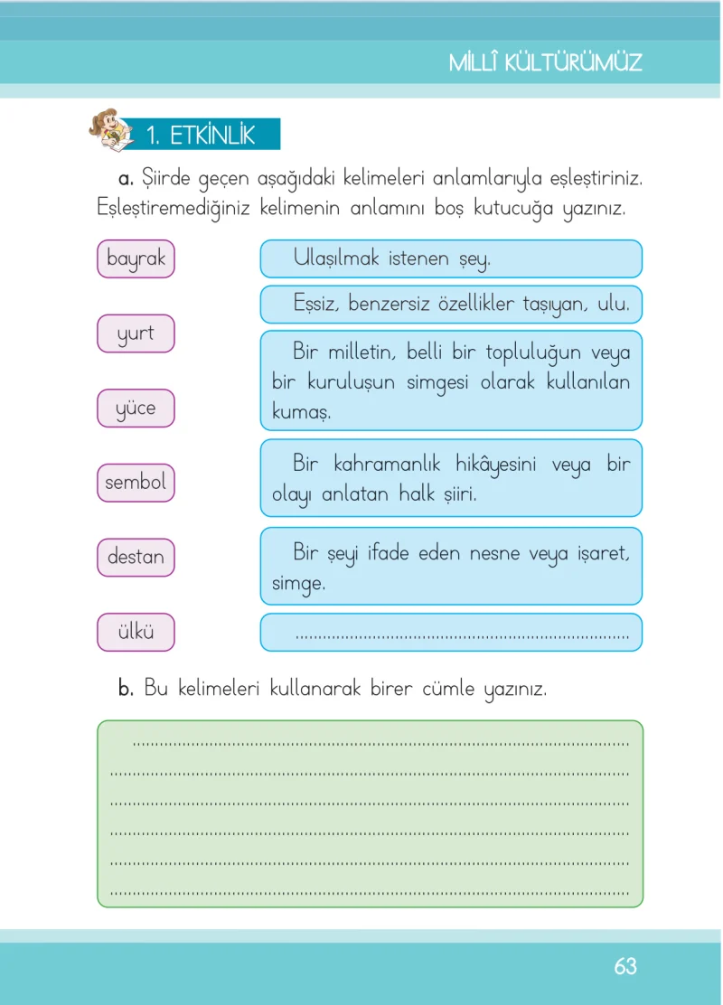 1. Sınıf Türkçe Ders Kitabı Cevapları İlke Yayınları Sayfa 63