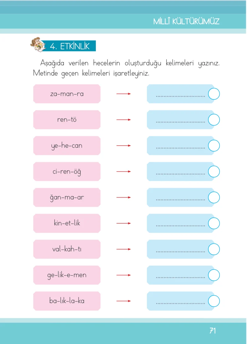 1. Sınıf Türkçe Ders Kitabı Cevapları İlke Yayınları Sayfa 71