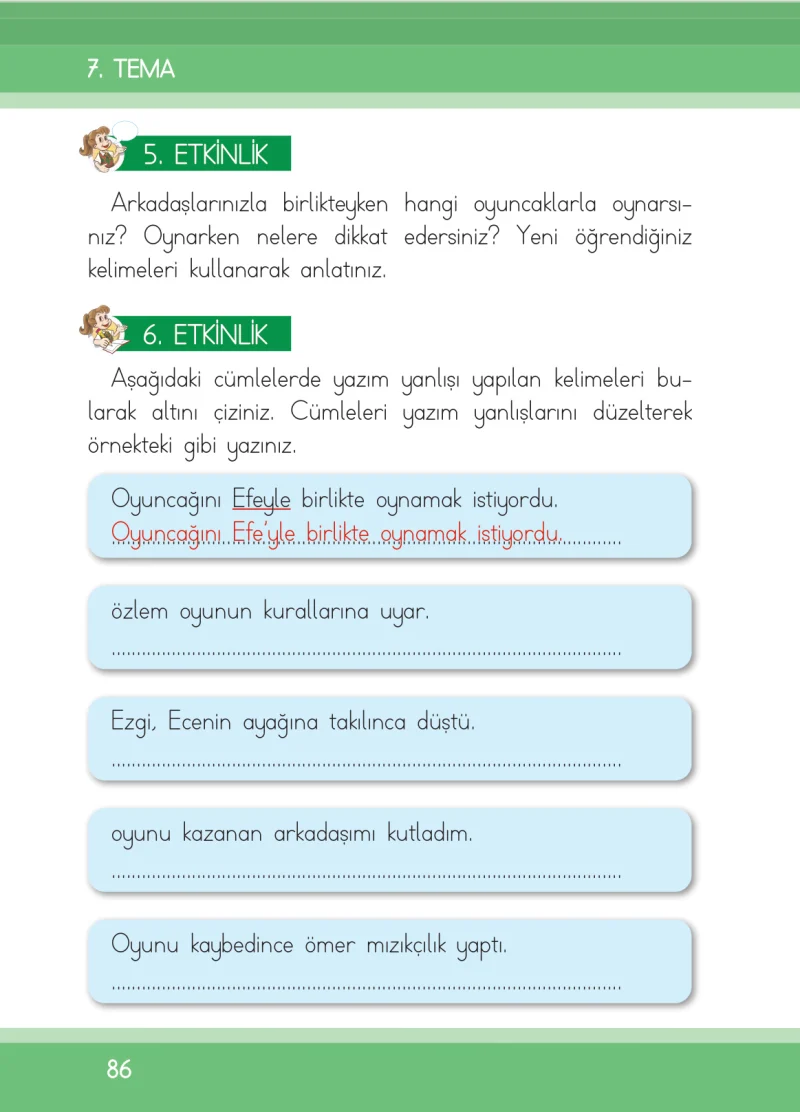 1. Sınıf Türkçe Ders Kitabı Cevapları İlke Yayınları Sayfa 86
