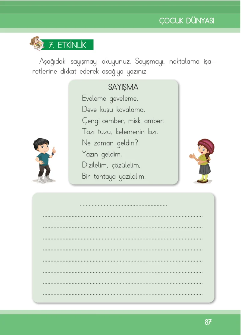 1. Sınıf Türkçe Ders Kitabı Cevapları İlke Yayınları Sayfa 87