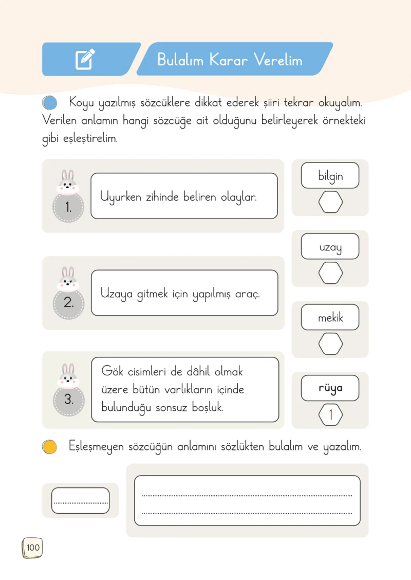 1. Sınıf Türkçe Ders Kitabı Cevapları Meb Yayınları 1. Kitap Sayfa 100