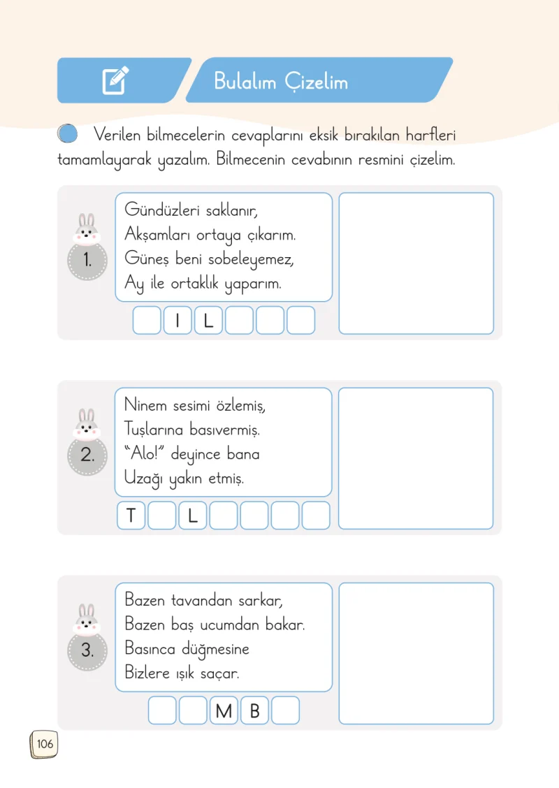1. Sınıf Türkçe Ders Kitabı Cevapları Meb Yayınları 1. Kitap Sayfa 106