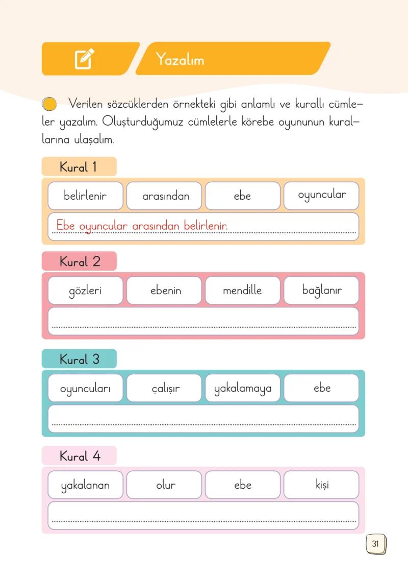 1. Sınıf Türkçe Ders Kitabı Cevapları Meb Yayınları 1. Kitap Sayfa 31
