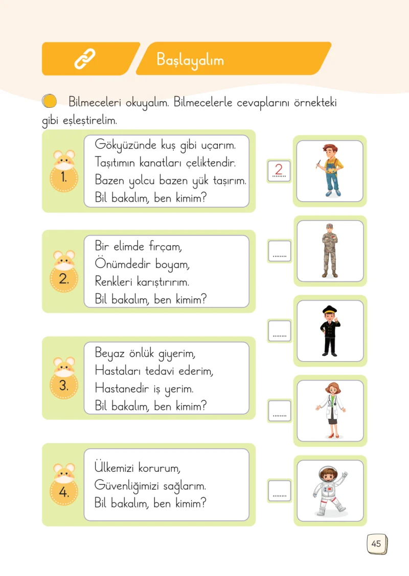 1. Sınıf Türkçe Ders Kitabı Cevapları Meb Yayınları 1. Kitap Sayfa 45