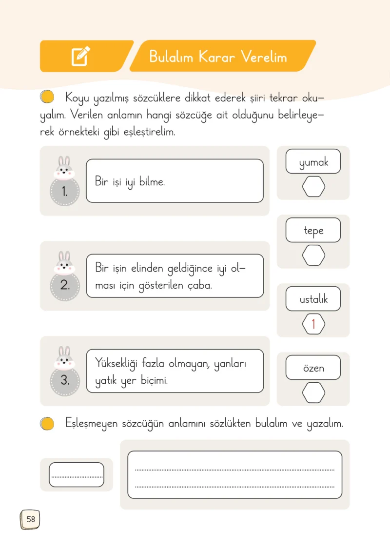 1. Sınıf Türkçe Ders Kitabı Cevapları Meb Yayınları 1. Kitap Sayfa 58