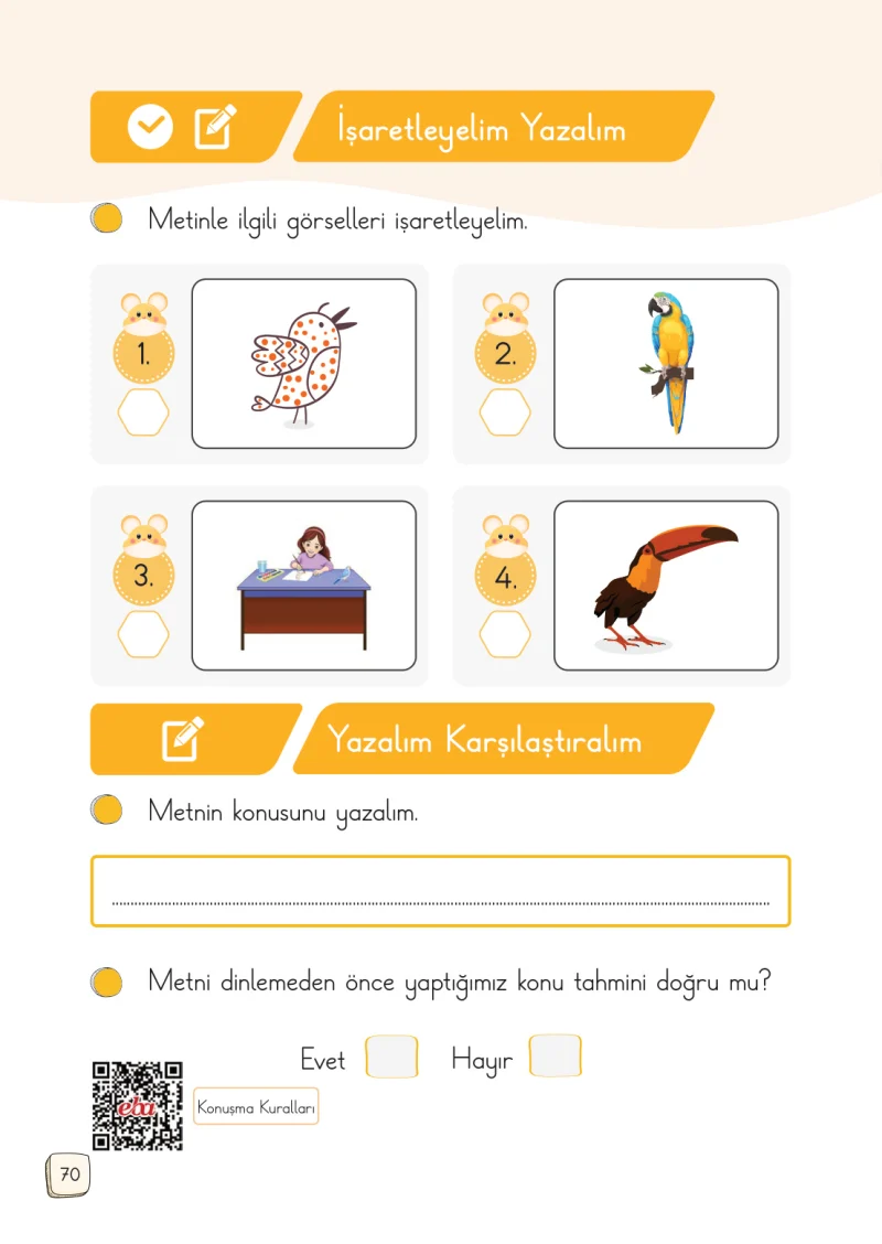 1. Sınıf Türkçe Ders Kitabı Cevapları Meb Yayınları 1. Kitap Sayfa 70