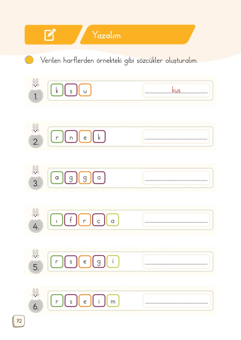 1. Sınıf Türkçe Ders Kitabı Cevapları Meb Yayınları 1. Kitap Sayfa 72