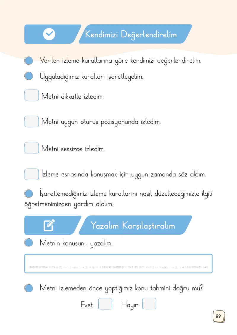 1. Sınıf Türkçe Ders Kitabı Cevapları Meb Yayınları 1. Kitap Sayfa 89