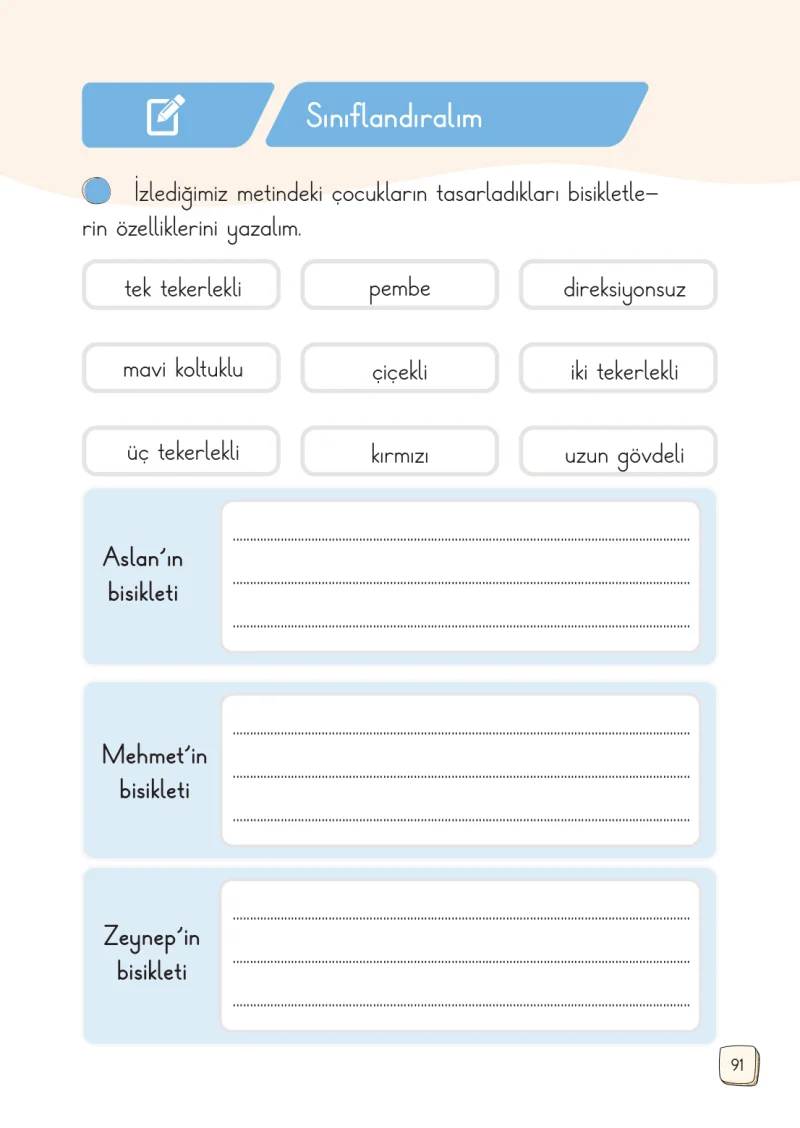 1. Sınıf Türkçe Ders Kitabı Cevapları Meb Yayınları 1. Kitap Sayfa 91