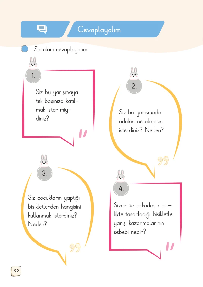 1. Sınıf Türkçe Ders Kitabı Cevapları Meb Yayınları 1. Kitap Sayfa 92