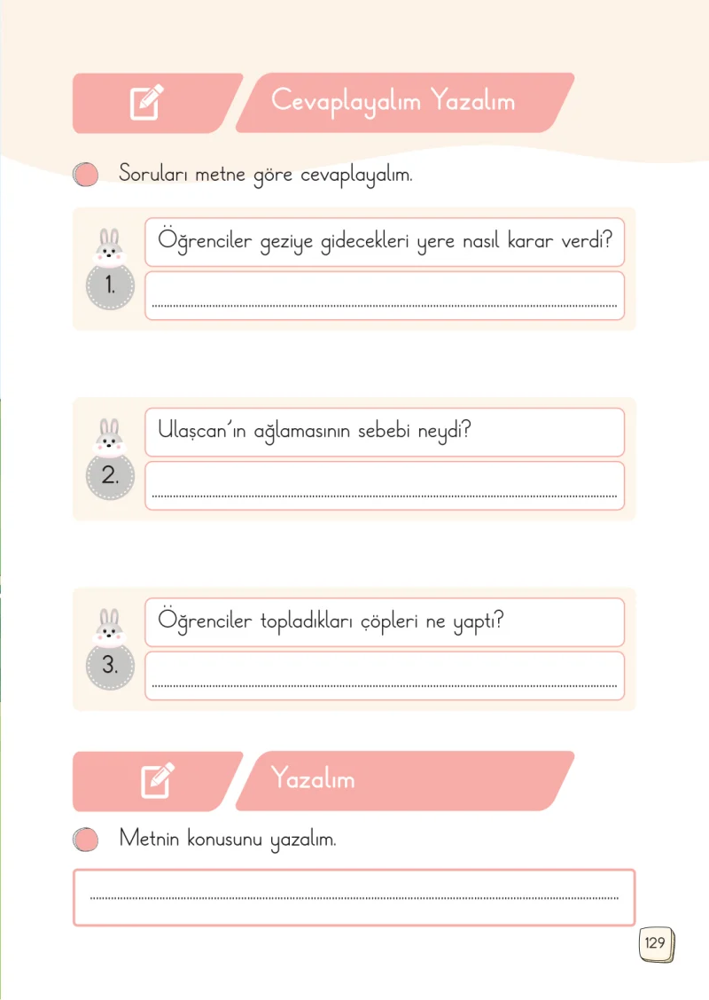 1. Sınıf Türkçe Ders Kitabı Cevapları Meb Yayınları 2. Kitap Sayfa 129
