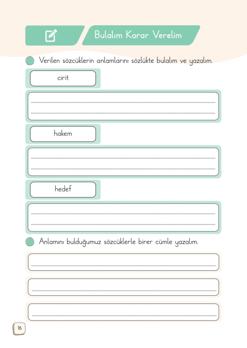 1. Sınıf Türkçe Ders Kitabı Cevapları Meb Yayınları 2. Kitap Sayfa 16