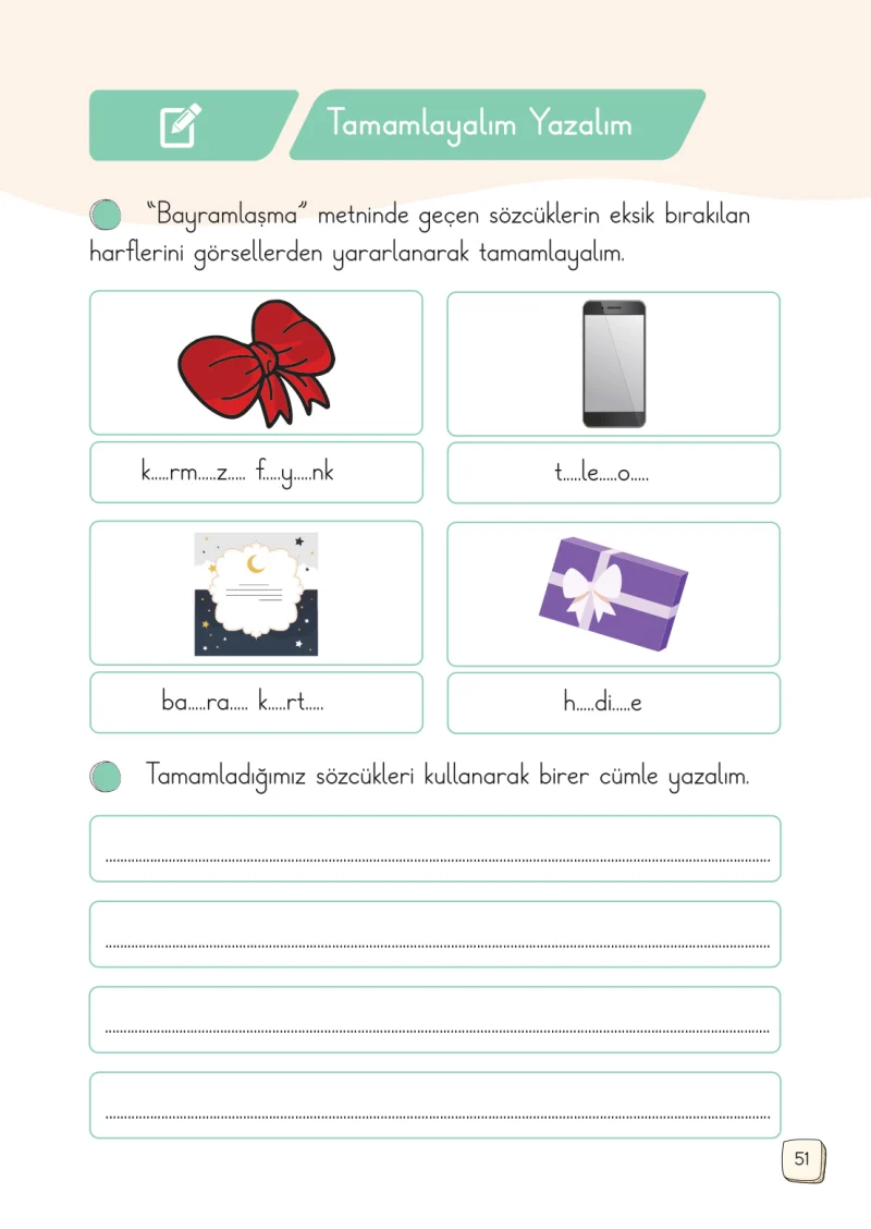 1. Sınıf Türkçe Ders Kitabı Cevapları Meb Yayınları 2. Kitap Sayfa 51