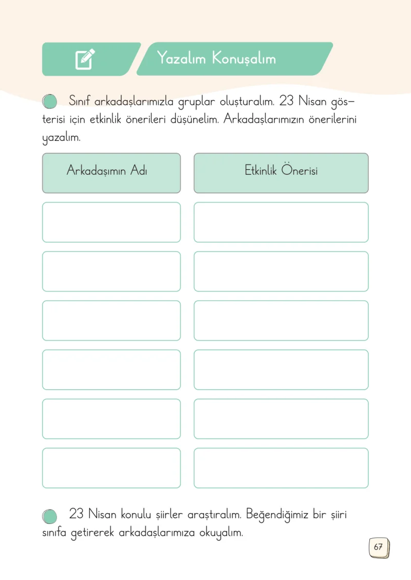 1. Sınıf Türkçe Ders Kitabı Cevapları Meb Yayınları 2. Kitap Sayfa 67
