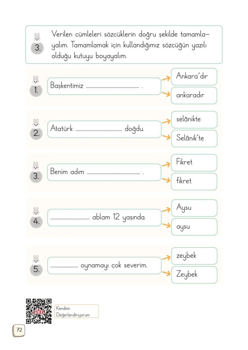 1. Sınıf Türkçe Ders Kitabı Cevapları Meb Yayınları 2. Kitap Sayfa 72