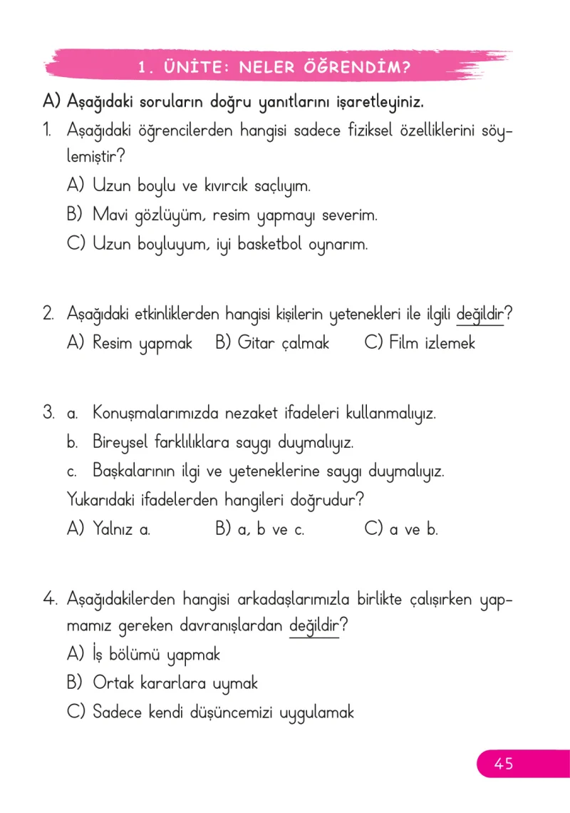 2. Sınıf Hayat Bilgisi Ders Kitabı Cevapları Ata Yayıncılık Sayfa 45
