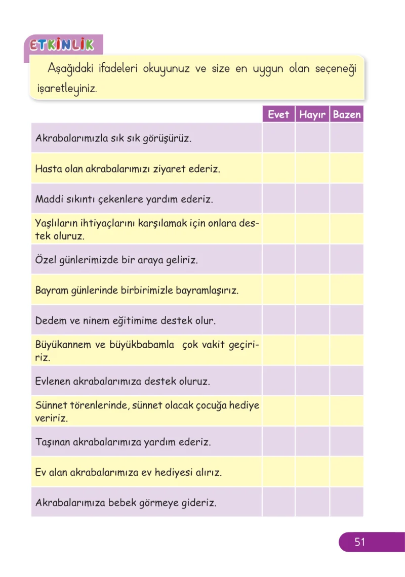 2. Sınıf Hayat Bilgisi Ders Kitabı Cevapları Ata Yayıncılık Sayfa 51