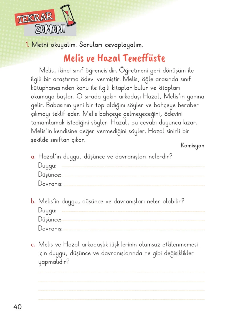 2. Sınıf Hayat Bilgisi Ders Kitabı Cevapları Meb Yayınları 1. Kitap Sayfa 40