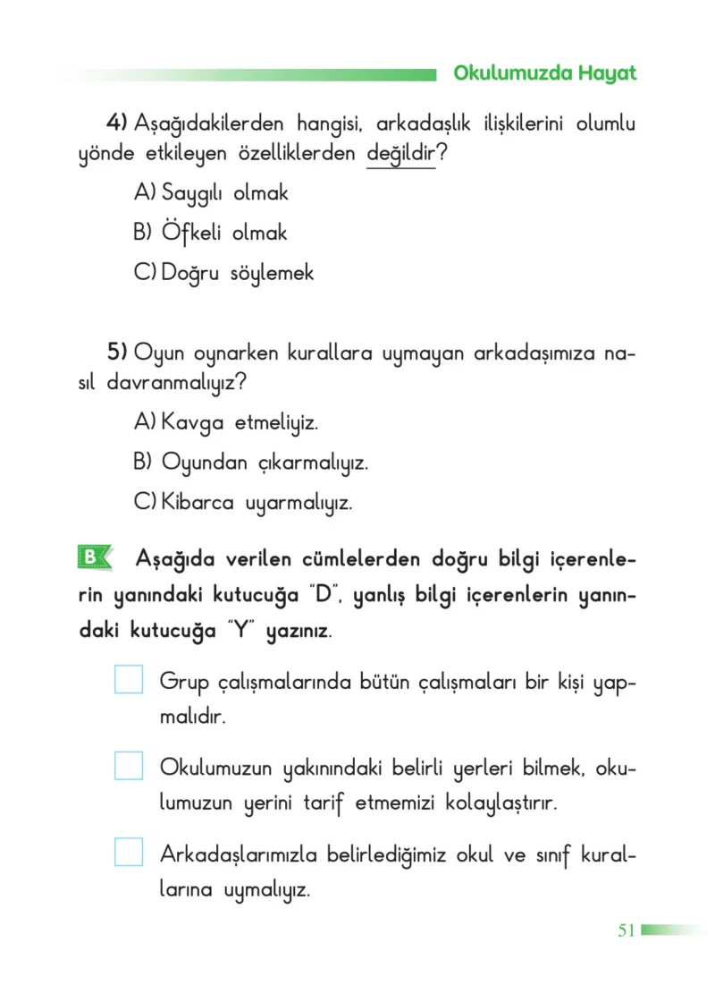 2. Sınıf Hayat Bilgisi Ders Kitabı Cevapları SDR Dİkey Yayınları Sayfa 51