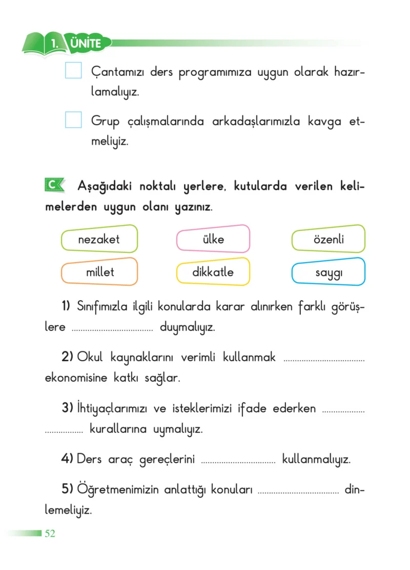 2. Sınıf Hayat Bilgisi Ders Kitabı Cevapları SDR Dİkey Yayınları Sayfa 52