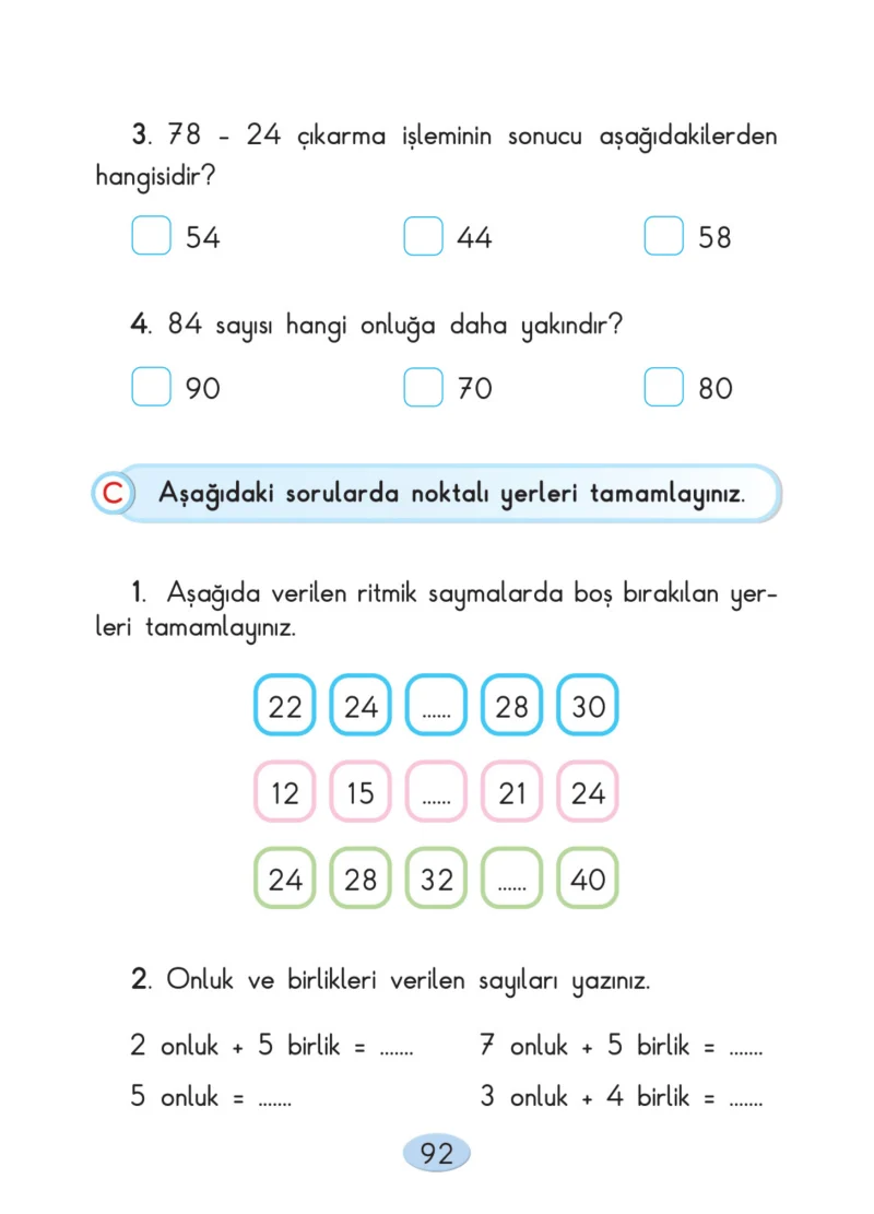 2. Sınıf Matematik Ders Kitabı Cevapları Anka Yayınları Sayfa 92