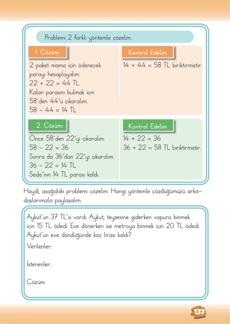 2. Sınıf Matematik Ders Kitabı Cevapları Meb Yayınları 1.Kitap Sayfa 137