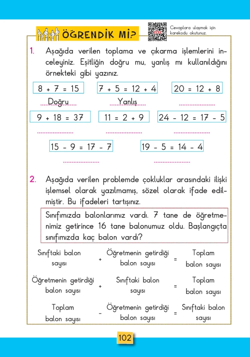 2. Sınıf Matematik Ders Kitabı Cevapları MHG Yayınları Sayfa 102