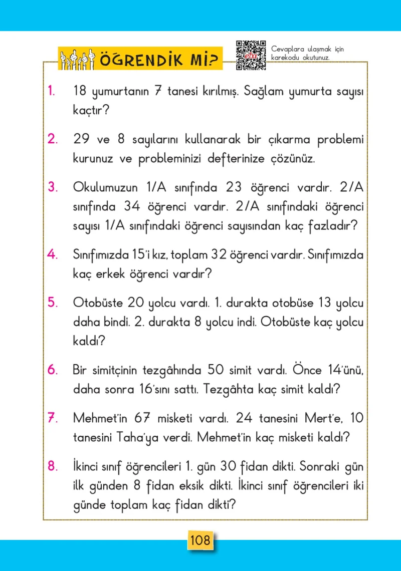 2. Sınıf Matematik Ders Kitabı Cevapları MHG Yayınları Sayfa 108