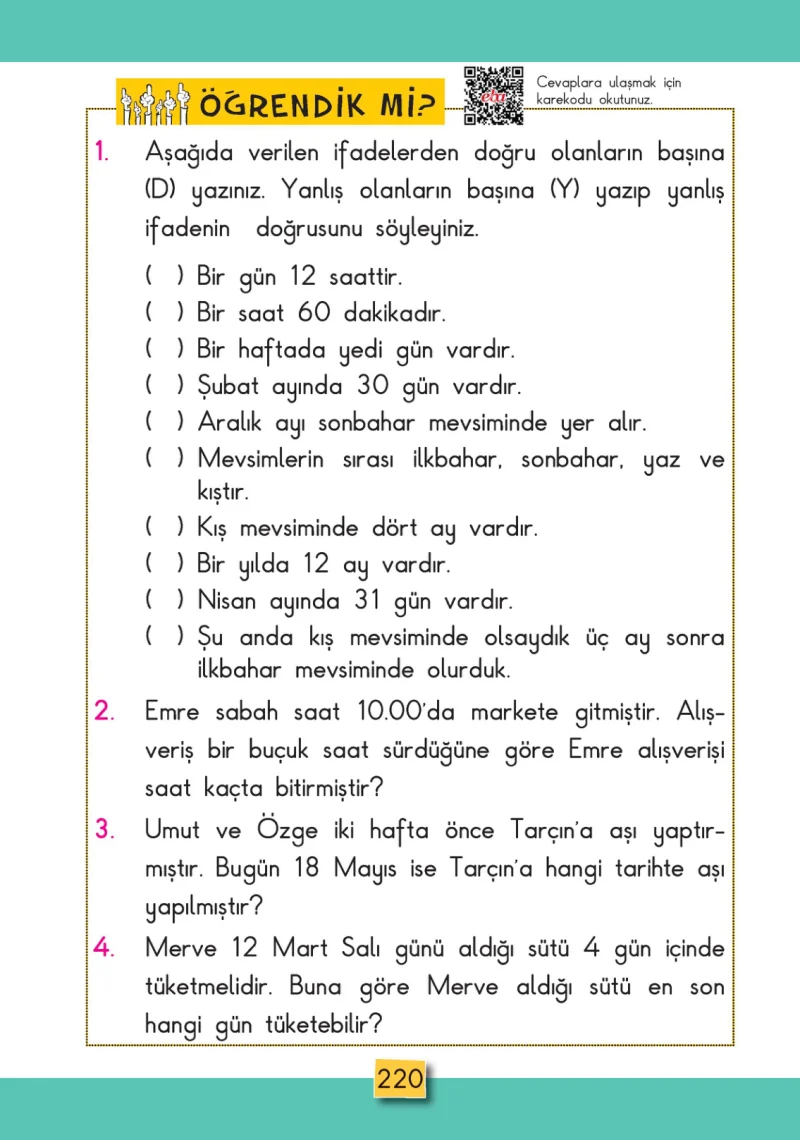 2. Sınıf Matematik Ders Kitabı Cevapları MHG Yayınları Sayfa 220