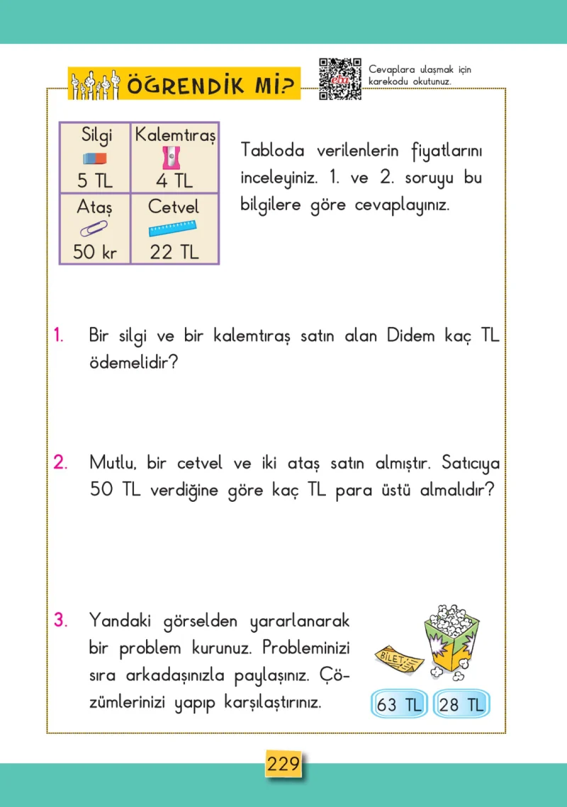 2. Sınıf Matematik Ders Kitabı Cevapları MHG Yayınları Sayfa 229
