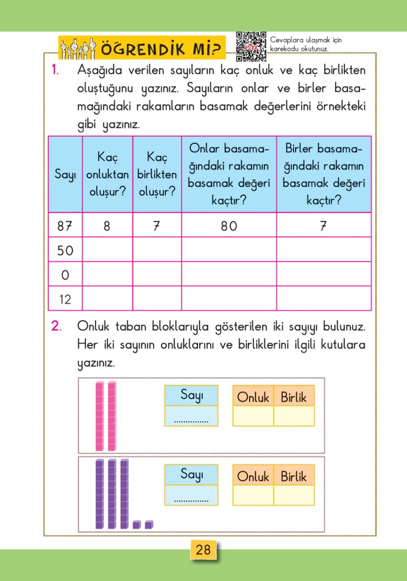 2. Sınıf Matematik Ders Kitabı Cevapları MHG Yayınları Sayfa 28