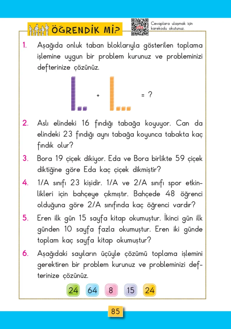 2. Sınıf Matematik Ders Kitabı Cevapları MHG Yayınları Sayfa 85
