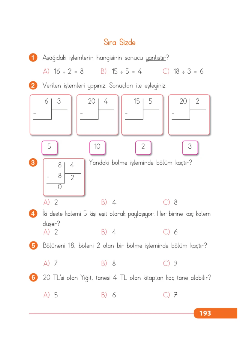2. Sınıf Matematik Ders Kitabı Cevapları Tekno Artı Yayınları Sayfa 193