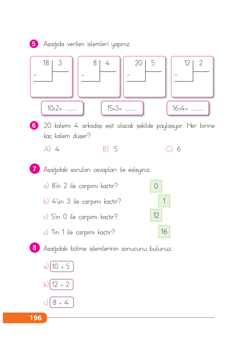 2. Sınıf Matematik Ders Kitabı Cevapları Tekno Artı Yayınları Sayfa 196