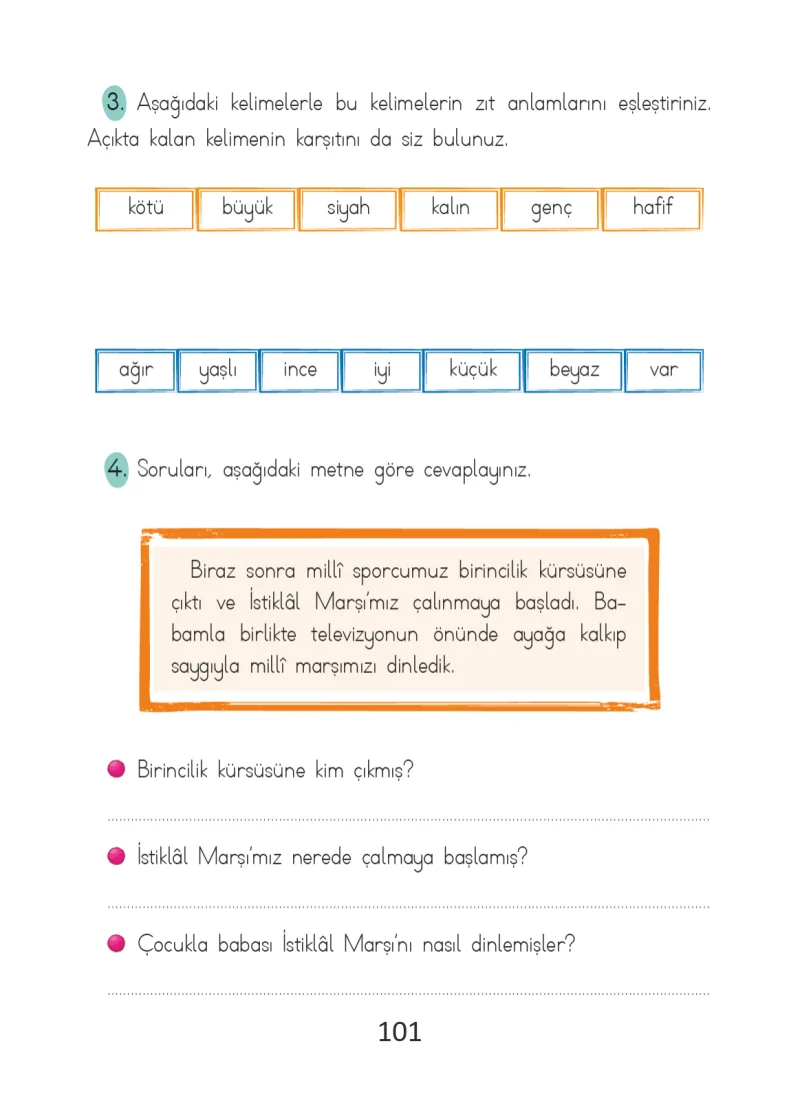 2. Sınıf Türkçe Ders Kitabı Cevapları Ada Matbaacılık Yayıncılık Sayfa 101