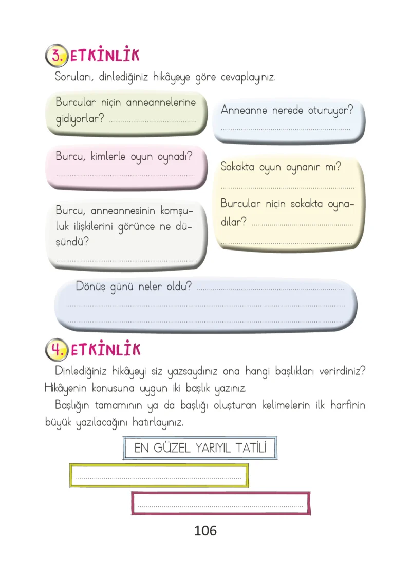 2. Sınıf Türkçe Ders Kitabı Cevapları Ada Matbaacılık Yayıncılık Sayfa 106