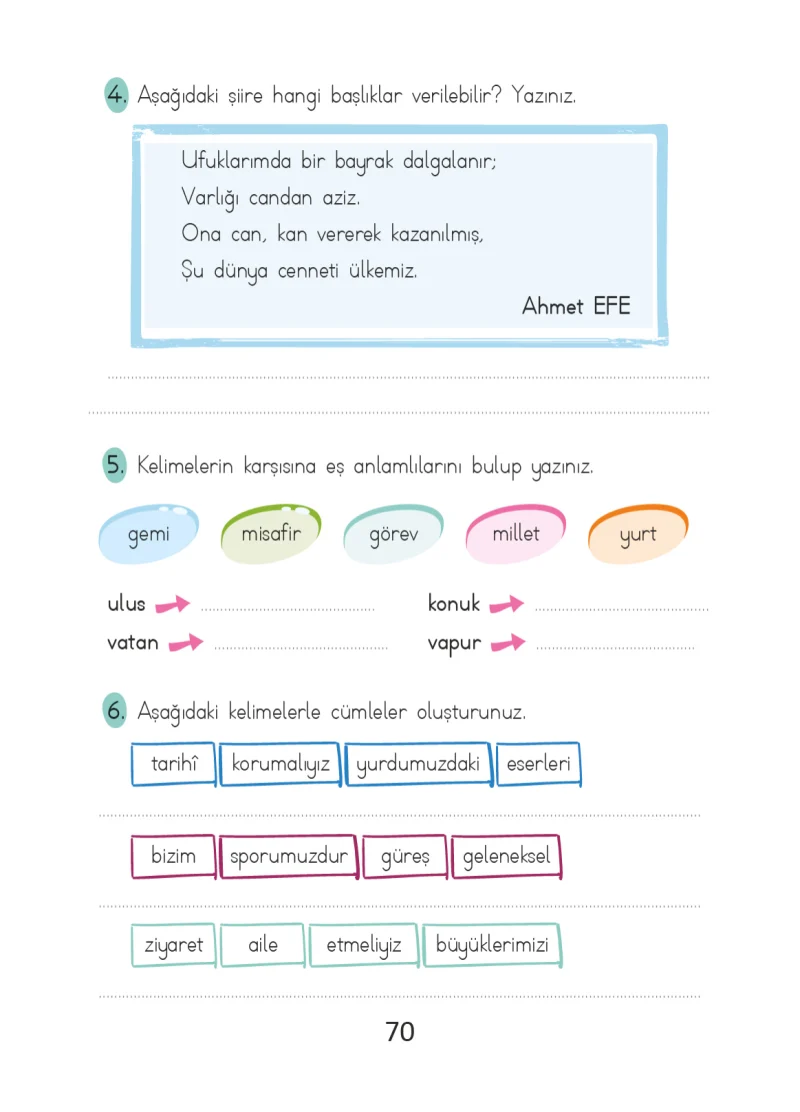 2. Sınıf Türkçe Ders Kitabı Cevapları Ada Matbaacılık Yayıncılık Sayfa 70