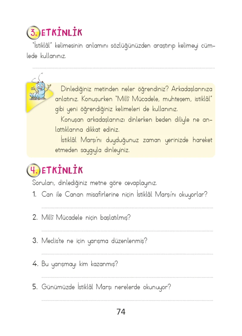 2. Sınıf Türkçe Ders Kitabı Cevapları Ada Matbaacılık Yayıncılık Sayfa 74