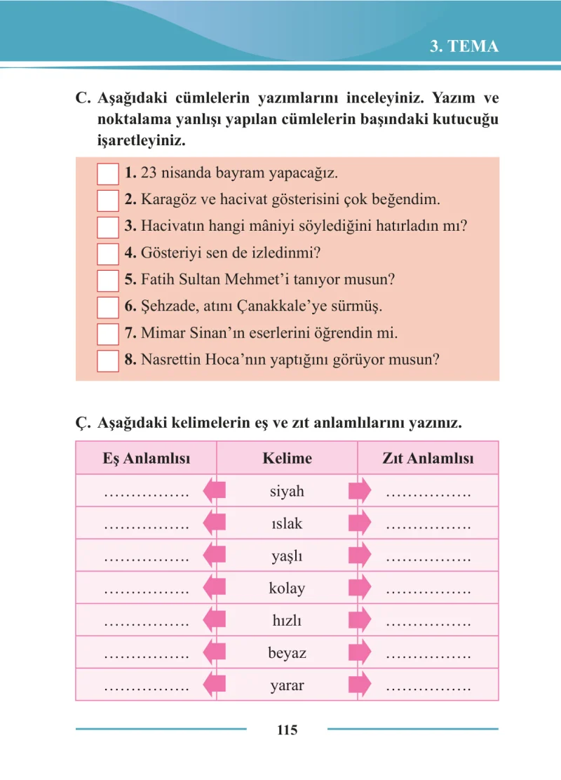2. Sınıf Türkçe Ders Kitabı Cevapları Bilim ve Kültür Yayınları Sayfa 115