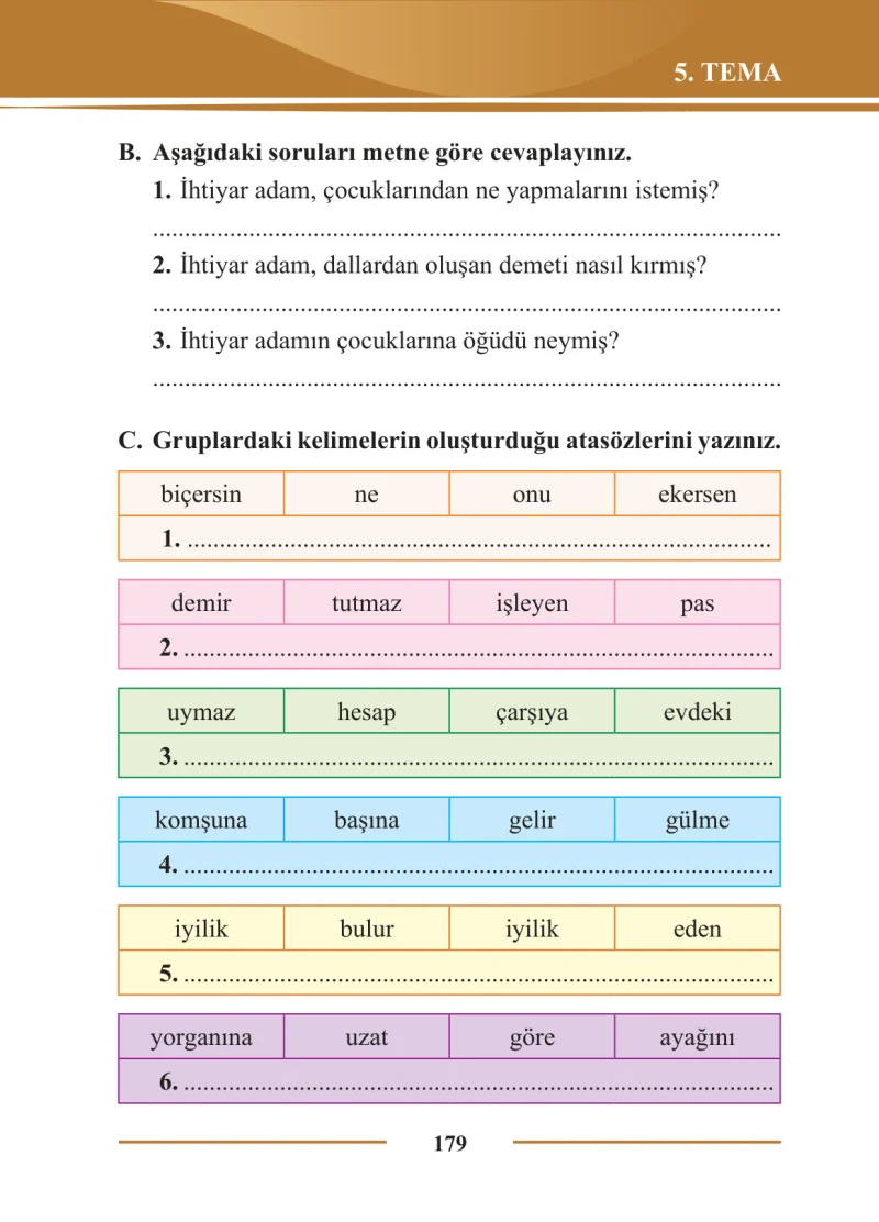 2. Sınıf Türkçe Ders Kitabı Cevapları Bilim ve Kültür Yayınları Sayfa 179