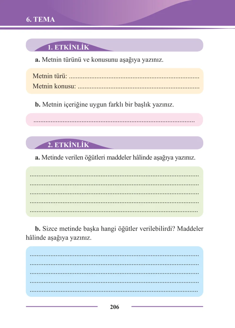 2. Sınıf Türkçe Ders Kitabı Cevapları Bilim ve Kültür Yayınları Sayfa 206