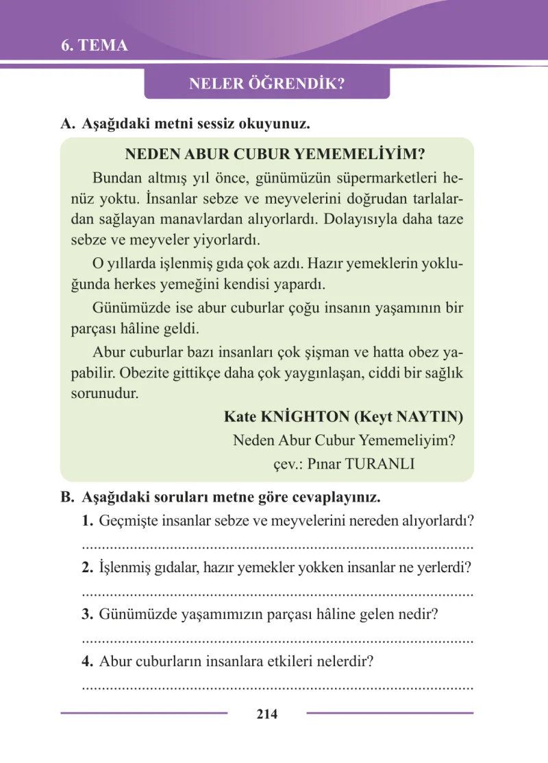 2. Sınıf Türkçe Ders Kitabı Cevapları Bilim ve Kültür Yayınları Sayfa 214