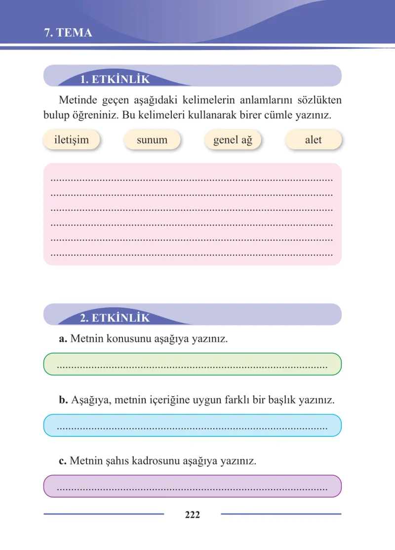 2. Sınıf Türkçe Ders Kitabı Cevapları Bilim ve Kültür Yayınları Sayfa 222